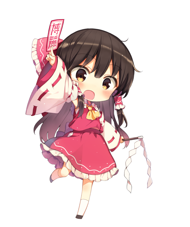 1girl arm_up armpits ascot bangs black_footwear black_hair blush bow brown_eyes chibi commentary_request detached_sleeves eyebrows_visible_through_hair frilled_bow frills full_body gohei hair_between_eyes hair_bow hair_tubes hakurei_reimu holding kneehighs long_hair long_sleeves looking_at_viewer ofuda open_mouth petticoat red_bow red_skirt ribbon-trimmed_sleeves ribbon_trim shide shinoba shoes sidelocks simple_background skirt skirt_set solo touhou very_long_hair white_background white_legwear wide_sleeves yellow_neckwear