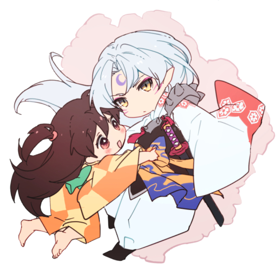 1boy 1girl armor barefoot black_hair brown_eyes brown_hair child closed_mouth commentary_request facial_mark forehead_mark fur hamagurihime inuyasha japanese_clothes kimono long_hair looking_at_viewer one_side_up open_mouth pointy_ears rin_(inuyasha) sesshoumaru silver_hair simple_background smile sword weapon white_background white_hair yellow_eyes