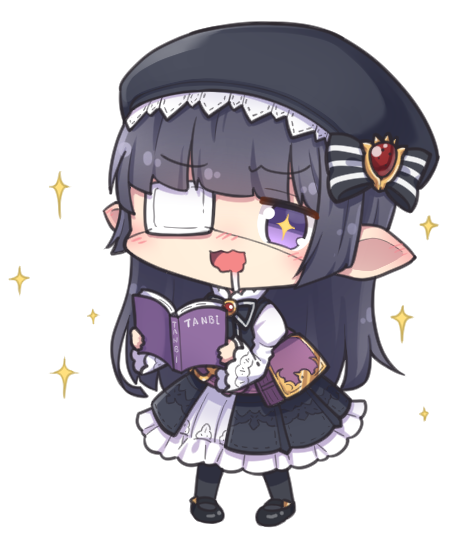 +_+ 1girl :d bangs beret black_hair black_legwear blunt_bangs blush book commentary_request dress drooling ear_blush eyebrows_visible_through_hair eyepatch frilled_dress frills full_body granblue_fantasy harvin hat holding holding_book long_hair long_sleeves lunalu_(granblue_fantasy) medical_eyepatch nogisaka_kushio nose_blush open_book open_mouth pigeon-toed pointy_ears reading simple_background smile solo sparkle violet_eyes wavy_mouth white_background wide_sleeves