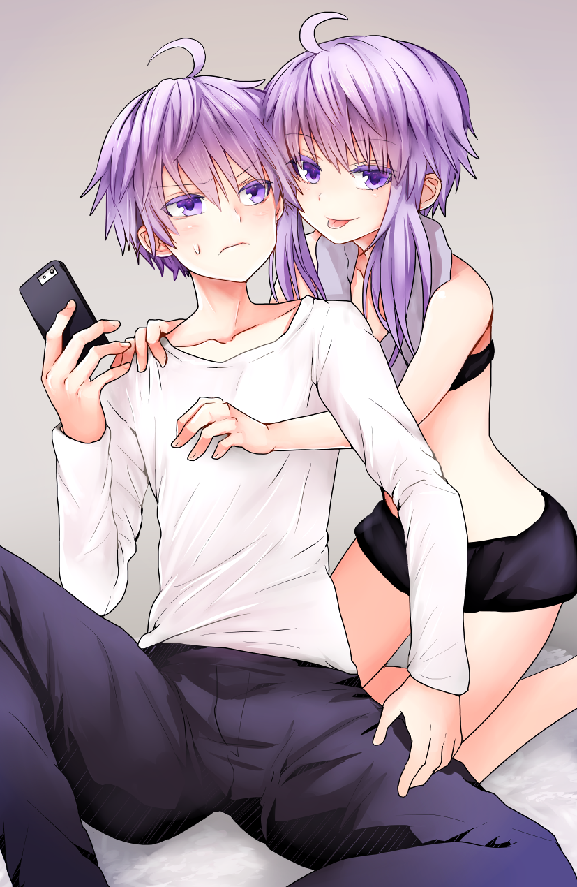 1boy 1girl ahoge bangs bare_arms bare_legs bare_shoulders black_legwear blush cellphone character_request collarbone commentary_request eyebrows_visible_through_hair grey_background hair_between_eyes highres holding holding_cellphone holding_phone hug hug_from_behind kakan_(amka) long_hair looking_at_viewer original pants phone purple_hair shirt short_hair_with_long_locks short_shorts shorts sidelocks simple_background smartphone smile sweatdrop thigh-highs tongue tongue_out violet_eyes vocaloid white_shirt yuzuki_yukari