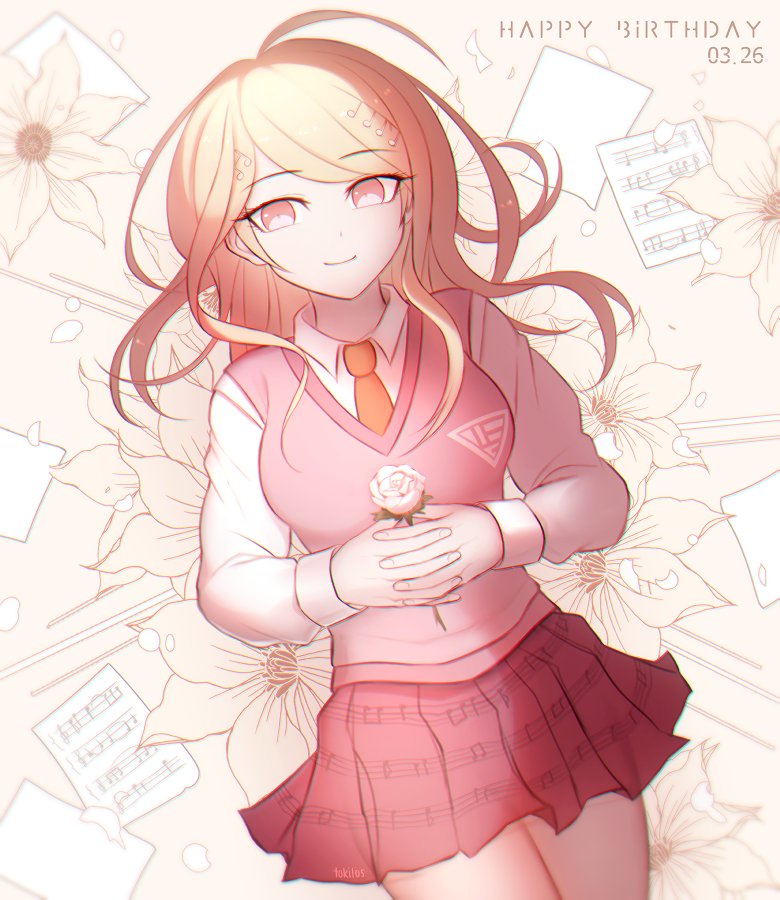 1girl ahoge akamatsu_kaede artist_name bangs beamed_eighth_notes blonde_hair breasts commentary_request dangan_ronpa dated eighth_note eyebrows_visible_through_hair floral_print flower from_above hair_ornament happy_birthday long_hair long_sleeves looking_at_viewer lying medium_breasts musical_note musical_note_hair_ornament necktie new_dangan_ronpa_v3 on_back orange_neckwear pleated_skirt school_uniform shirt skirt smile solo sweater_vest tokilos violet_eyes