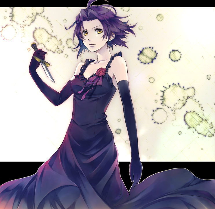 1girl ahoge baccano! breasts chane_laforet cleavage collarbone dress elbow_gloves evening_gown floating_hair flower gloves holding holding_knife knife long_dress looking_at_viewer medium_breasts purple_dress purple_gloves purple_hair purple_ribbon red_flower ribbon riq short_hair sleeveless sleeveless_dress solo standing white_background yellow_eyes