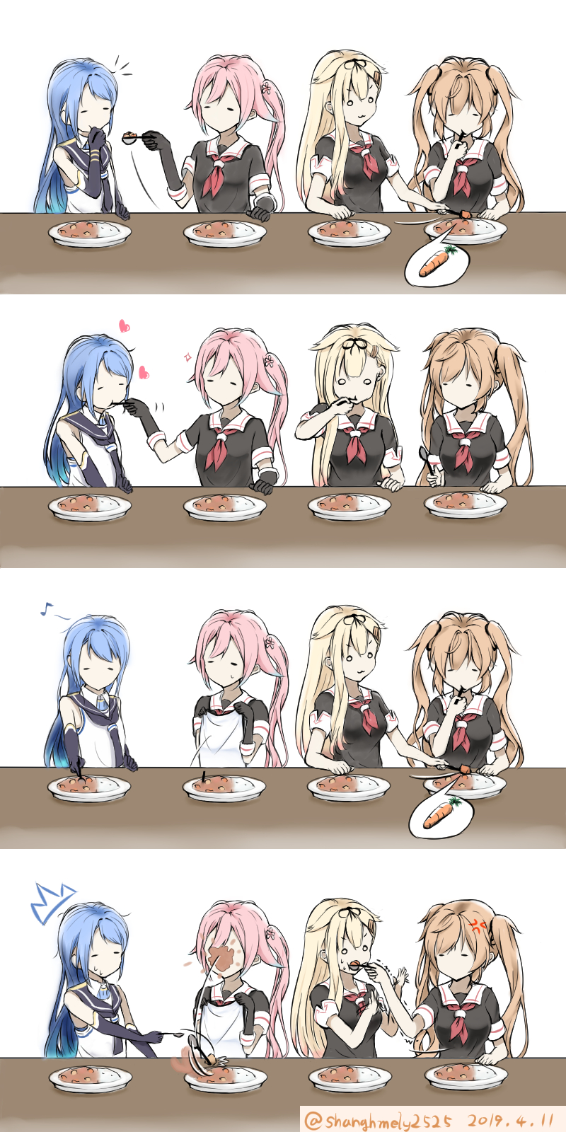 /\/\/\ 2019 4girls 4koma :3 anger_vein bangs black_gloves black_ribbon black_serafuku blonde_hair blue_hair blue_neckwear blue_sailor_collar breasts brown_hair carrot comic commentary_request curry curry_rice dated eating elbow_gloves eyebrows_visible_through_hair feeding flower food food_on_face gloves gradient_hair hair_flaps hair_flower hair_ornament hair_ribbon hairclip harusame_(kantai_collection) heart highres holding holding_spoon kantai_collection long_hair motion_lines multicolored_hair multiple_girls murasame_(kantai_collection) musical_note neckerchief pink_hair plate red_neckwear remodel_(kantai_collection) ribbon rice sailor_collar samidare_(kantai_collection) school_uniform serafuku shanghmely shirt short_sleeves side_ponytail simple_background sleeveless sleeveless_shirt smile sparkle spoon sweat table trembling twintails twitter_username upper_body white_background white_sailor_collar yuudachi_(kantai_collection)