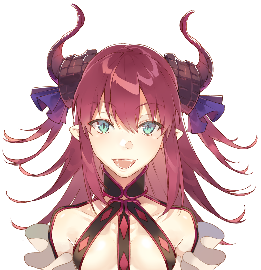 1girl :d bangs blue_ribbon blush breasts curled_horns dragon_horns elizabeth_bathory_(fate) elizabeth_bathory_(fate)_(all) eyebrows_visible_through_hair fangs fate/extra fate/extra_ccc fate_(series) green_eyes hair_between_eyes hair_ribbon horns long_hair open_mouth pig_ggul redhead ribbon simple_background small_breasts smile solo two_side_up upper_body white_background