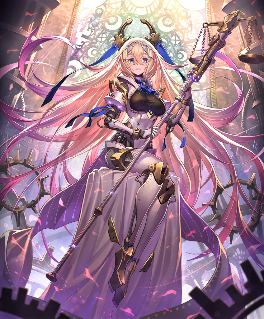 1girl android artist_request blonde_hair blue_eyes cygames eyebrows_visible_through_hair full_body gradient_hair grin holding holding_staff limonia_flawed_saint long_hair looking_at_viewer mechanical_halo multicolored_hair official_art petals purple_hair robot_joints shadowverse sitting smile solo staff veil very_long_hair waist_cape weighing_scale
