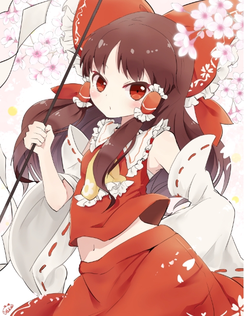 1girl ascot bangs bow breasts brown_hair flower frilled_bow frilled_hair_tubes frilled_neckwear frilled_shirt_collar frills gohei hair_bow hair_tubes hakurei_reimu hand_up holding long_hair long_sleeves looking_at_viewer navel petals red_bow red_eyes red_skirt ribbon-trimmed_sleeves ribbon_trim skirt small_breasts solo touhou wide_sleeves yellow_neckwear yoshishi_(yosisitoho)