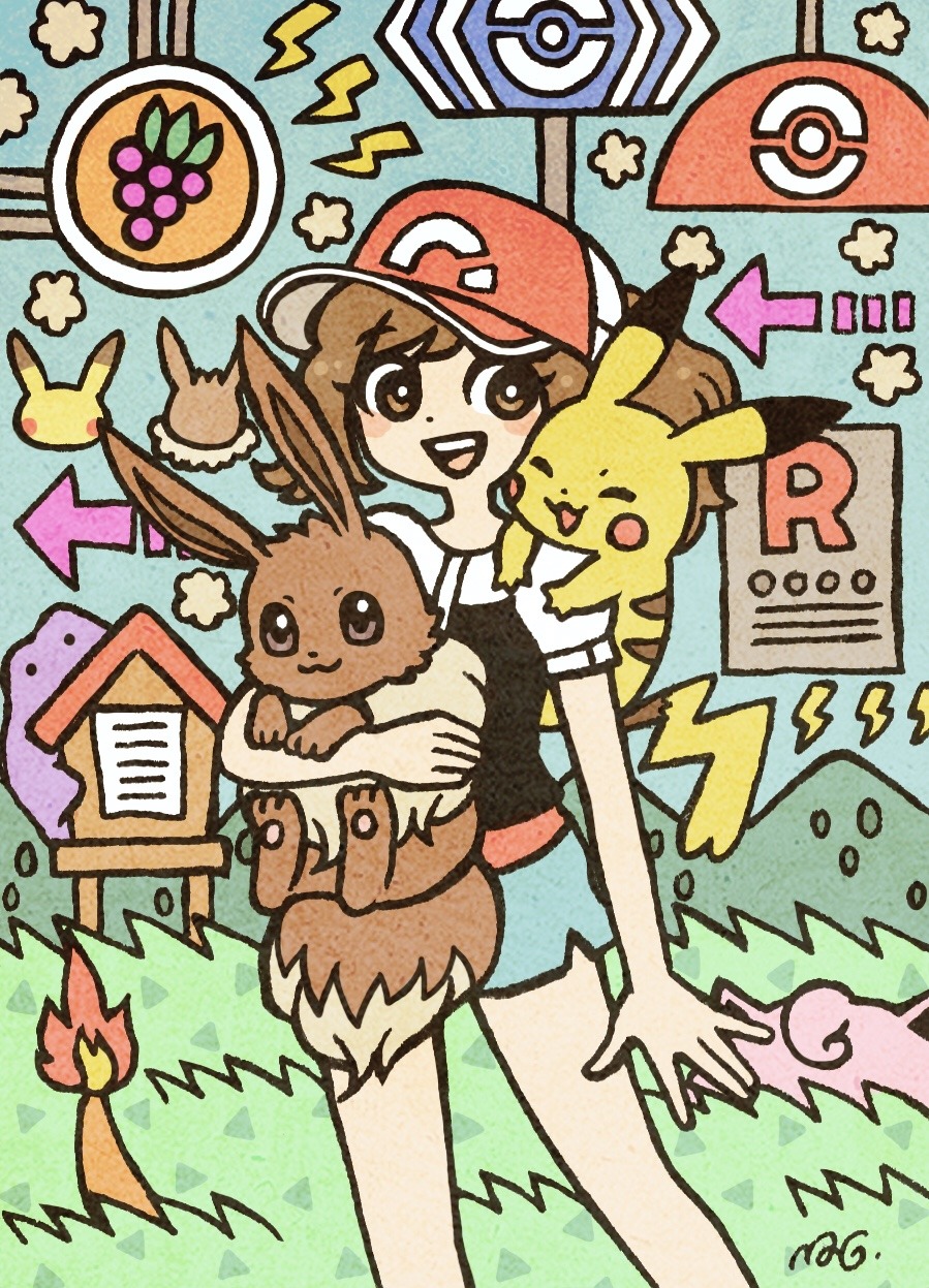 1girl baseball_cap blush blush_stickers brown_eyes brown_hair charmander creatures_(company) directional_arrow ditto eevee feet_out_of_frame food fruit game_freak garouma gen_1_pokemon grapes grass hat highres holding holding_pokemon jigglypuff lightning_bolt mountain nintendo open_mouth outdoors pikachu pokemon pokemon_(creature) pokemon_on_shoulder shirt short_sleeves shorts sign signature smile standing