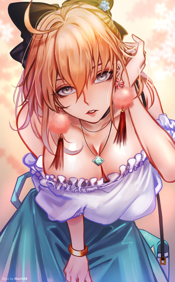 1girl ahoge artist_name bangs black_bow blonde_hair blue_skirt bow breasts casual cleavage collarbone earrings eyebrows_visible_through_hair fate/grand_order fate_(series) hair_between_eyes hair_bow hair_tucking jewelry large_breasts leaning_forward looking_at_viewer marchab_66 necklace off-shoulder_blouse okita_souji_(fate) okita_souji_(fate)_(all) short_hair sidelocks skirt solo yellow_eyes