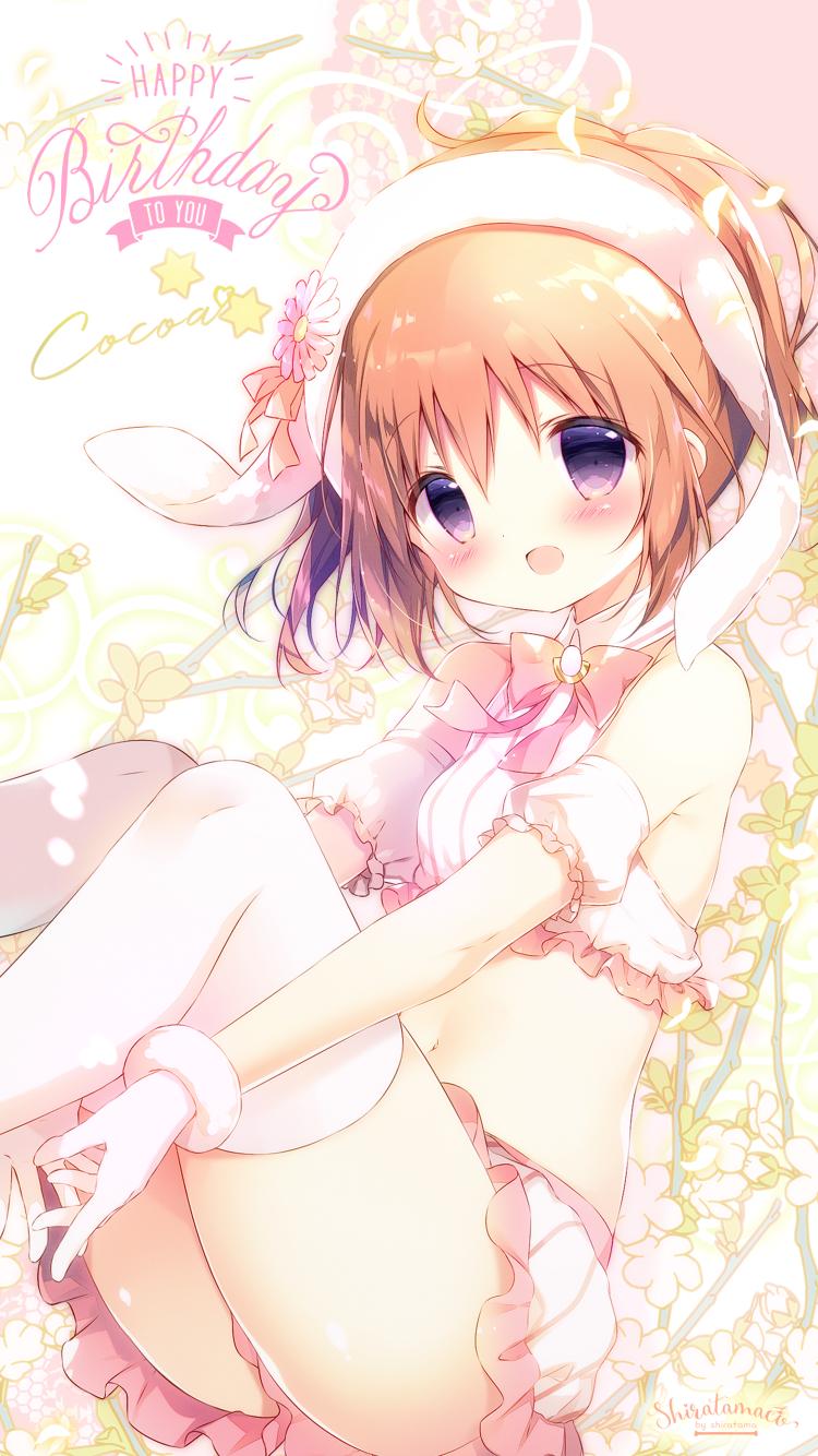 1girl :d animal_ears artist_name bangs blush breasts brown_hair character_name collared_shirt commentary_request crop_top detached_sleeves eyebrows_visible_through_hair fake_animal_ears flower frilled_shorts frills gloves gochuumon_wa_usagi_desu_ka? hair_between_eyes hairband happy_birthday head_tilt highres hoto_cocoa knees_up looking_at_viewer open_mouth pink_flower puffy_short_sleeves puffy_sleeves rabbit_ears shiratama_(shiratamaco) shirt short_shorts short_sleeves shorts signature sleeveless sleeveless_shirt small_breasts smile solo star thigh-highs tree_branch violet_eyes white_flower white_gloves white_hairband white_legwear white_shirt white_shorts white_sleeves