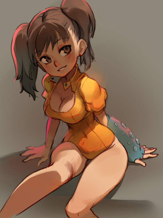 1girl bangs bare_legs blush breasts brown_eyes brown_hair cleavage clip_studio_paint covered_navel diane_(nanatsu_no_taizai) feet_out_of_frame grey_background large_breasts leotard long_hair nanatsu_no_taizai orange_leotard parted_lips puffy_short_sleeves puffy_sleeves shadow short_sleeves sitting smile solo twintails xavier_houssin