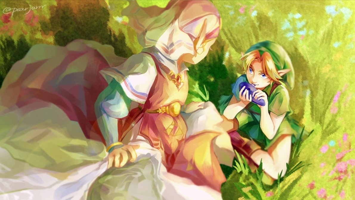 1boy 1girl artist_request blonde_hair blue_eyes blush dress gloves hat instrument link nintendo ocarina pointy_ears princess_zelda short_hair smile the_legend_of_zelda the_legend_of_zelda:_ocarina_of_time young_link young_zelda younger