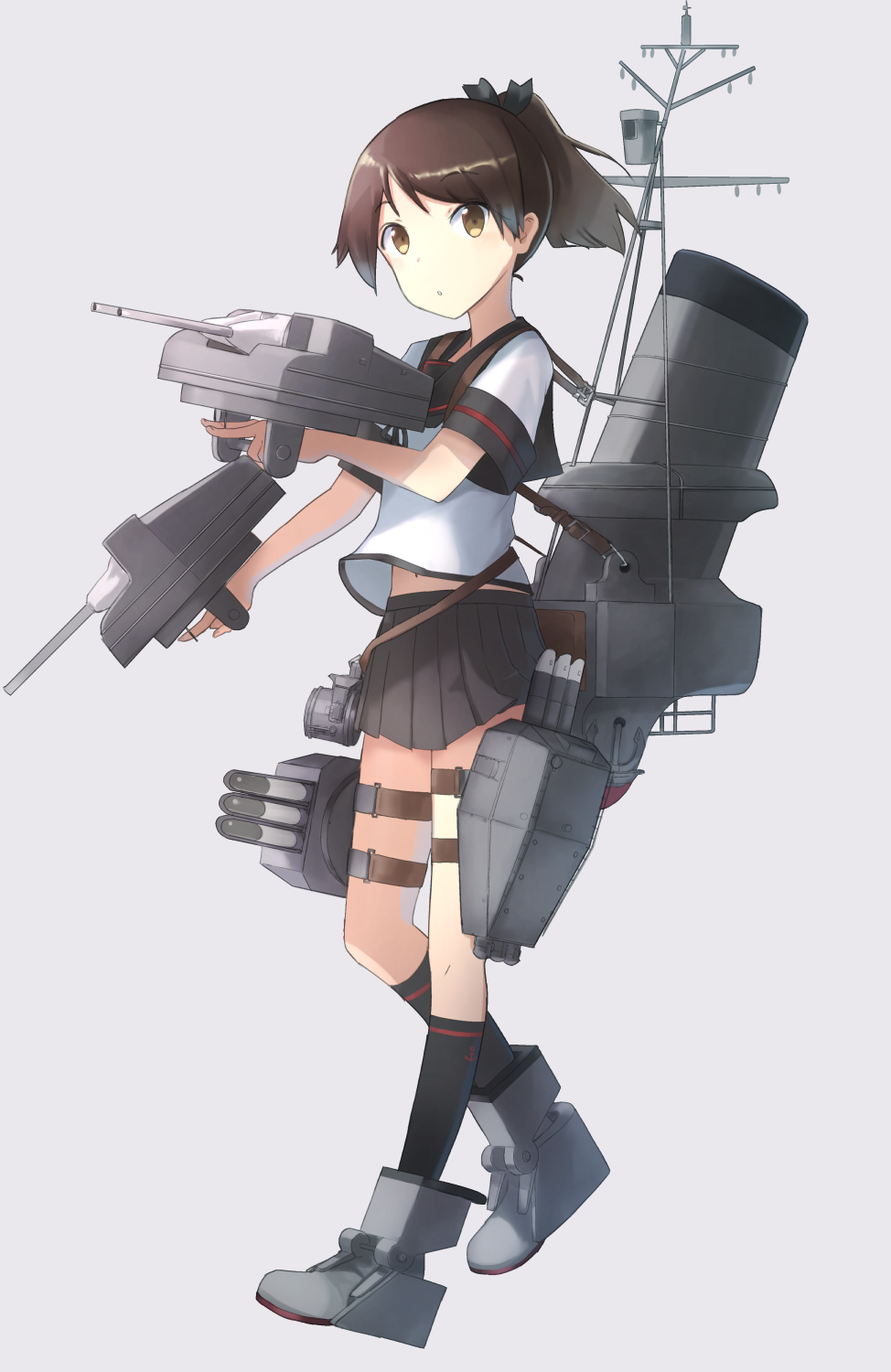 1girl adapted_turret black_sailor_collar black_skirt brown_hair full_body grey_background highres kantai_collection looking_at_viewer machinery original_remodel_(kantai_collection) pleated_skirt ponytail sailor_collar school_uniform serafuku shikinami_(kantai_collection) short_hair short_ponytail simple_background skirt smokestack solo standing weasel_(close-to-the-edge)