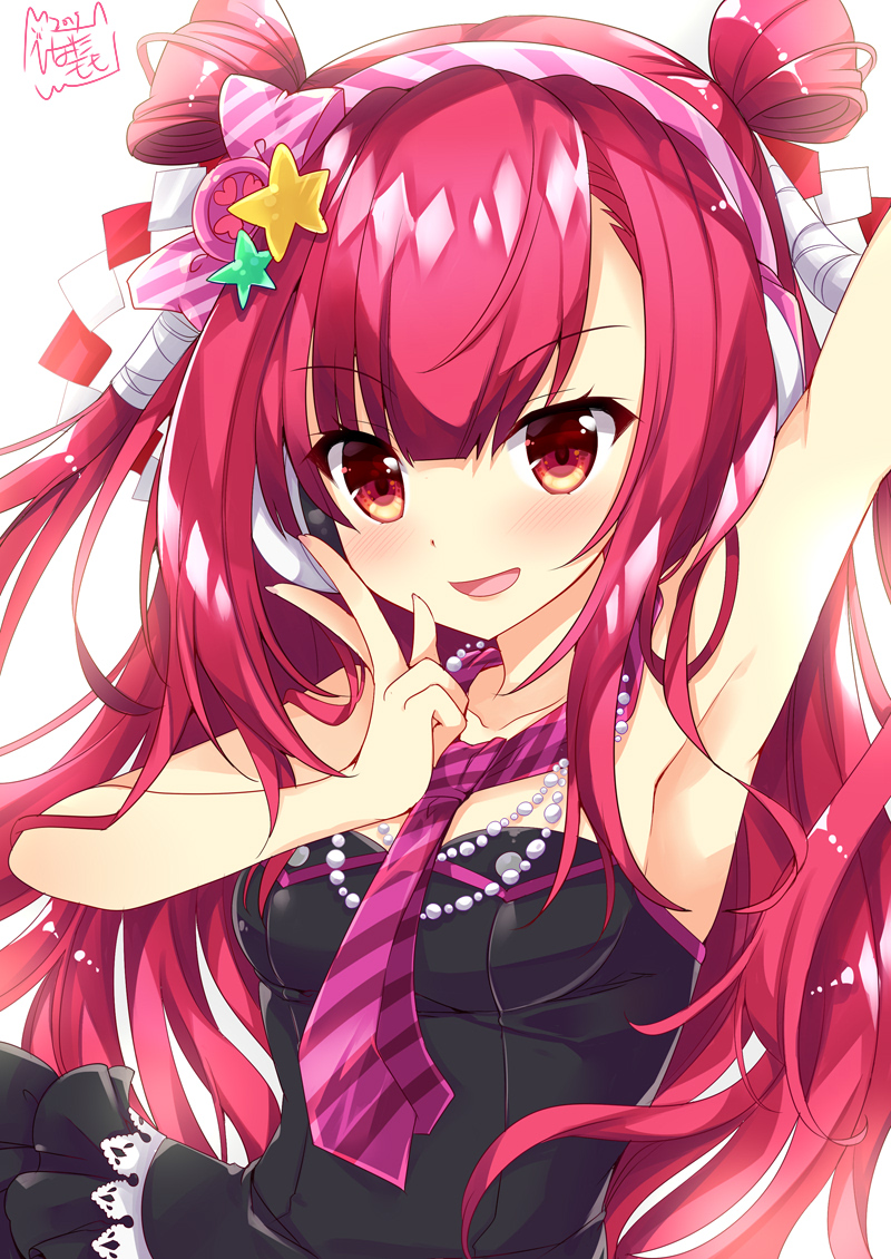 1girl :d arm_up armpits bangs bare_arms bare_shoulders beatmania beatmania_iidx black_dress blush bow breasts collarbone commentary_request diagonal_stripes dress eyebrows_visible_through_hair hair_between_eyes hair_ornament hairband hand_up hinata_momo jewelry long_hair medium_breasts necklace open_mouth pearl_necklace pink_bow pink_hairband red_eyes redhead signature simple_background smile solo star star_hair_ornament strapless striped striped_bow striped_hairband two_side_up umegiri_ameto very_long_hair white_background