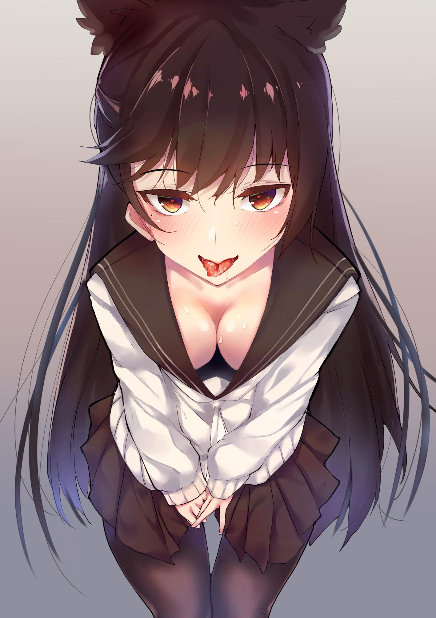 1girl alternate_costume animal_ears atago_(azur_lane) atago_(school_daydream)_(azur_lane) azur_lane bangs black_hair black_legwear black_sailor_collar blush breasts brown_eyes brown_skirt cleavage extra_ears eyebrows_visible_through_hair grey_background heart heart-shaped_pupils highres large_breasts leaning_forward long_hair looking_at_viewer mole mole_under_eye neckerchief open_mouth pantyhose pleated_skirt sailor_collar saliva saliva_trail school_uniform simple_background skirt solo standing suushiki swept_bangs symbol-shaped_pupils tongue tongue_out very_long_hair white_neckwear