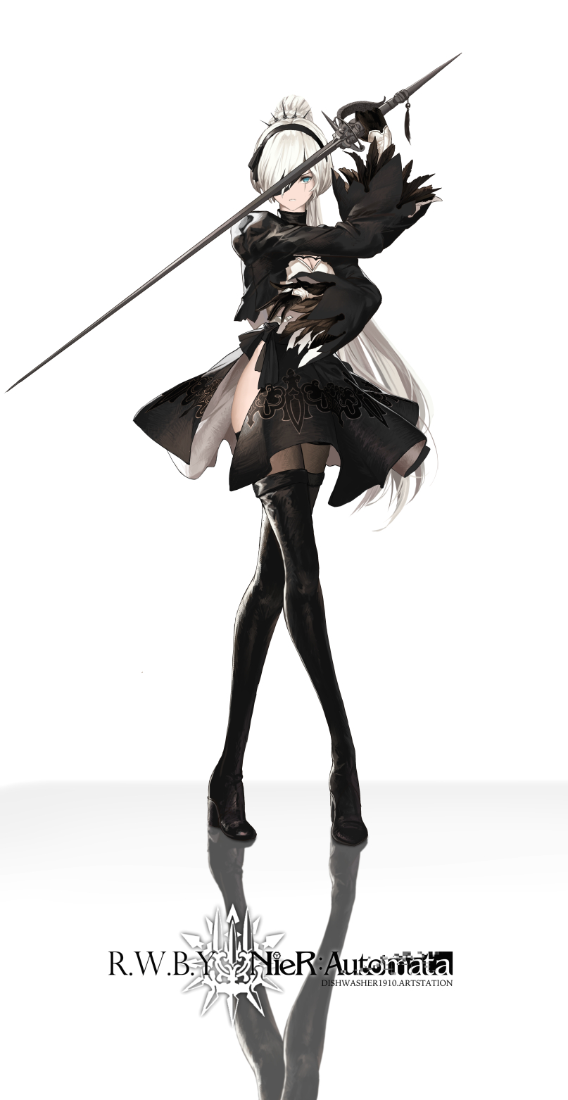 1girl back_cutout black_blindfold black_dress black_hairband blindfold blue_eyes boots cleavage_cutout commentary cosplay covered_eyes crossover dishwasher1910 dress english_commentary feather-trimmed_sleeves hairband high_heel_boots high_heels highres holding holding_sword holding_weapon juliet_sleeves left-handed leotard long_hair long_sleeves myrtenaster nier_(series) nier_automata ponytail puffy_sleeves rapier rwby scar scar_across_eye sword thigh-highs thigh_boots thighhighs_under_boots weapon weiss_schnee white_hair white_leotard