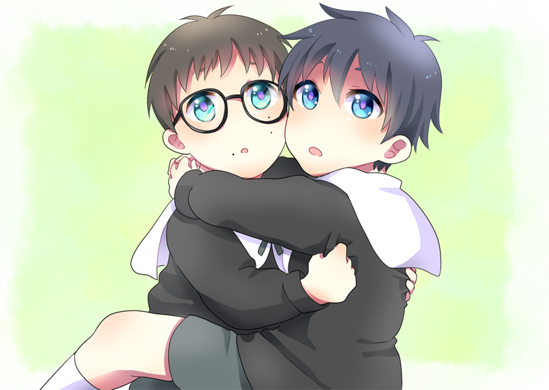 2boys ao_no_exorcist black_hair brothers brown_hair child glasses hug male_focus mole mole_under_eye multiple_boys okumura_rin okumura_yukio siblings twins zastuon0