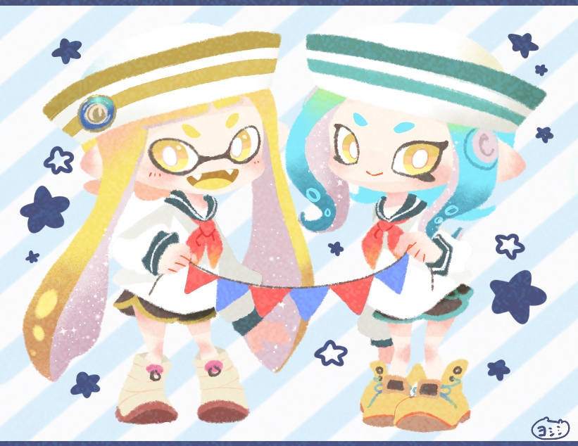 2girls :d ankle_boots black_neckwear black_shorts blonde_hair blue_hair blue_sailor_collar boots bright_pupils closed_mouth dixie_cup_hat domino_mask fangs full_body garland_(decoration) hat inkling long_sleeves looking_at_viewer mask military_hat multiple_girls neckerchief no_nose octarian octoling open_mouth pointy_ears sailor_collar school_uniform serafuku shirt shorts smile splatoon splatoon_(series) splatoon_2 standing star striped striped_background suction_cups white_headwear white_pupils white_shirt yellow_eyes yellow_footwear yoshishi_(yosisitoho)