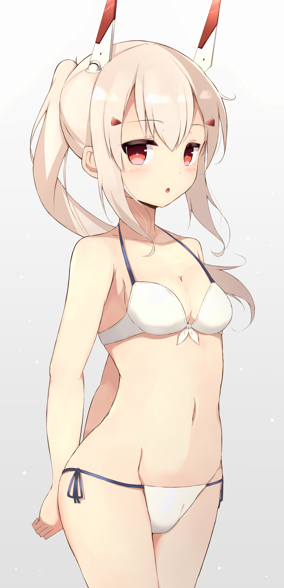 1girl :o arms_behind_back ayanami_(azur_lane) azur_lane bangs bare_shoulders bikini blonde_hair blue_ribbon blush breasts cleavage collarbone commentary_request cowboy_shot eyebrows_visible_through_hair gradient gradient_background hair_ornament hairclip headgear_removed highres long_hair moko_(mokomozi11) navel parted_lips ponytail red_eyes ribbon side-tie_bikini sidelocks small_breasts solo stomach swimsuit white_bikini