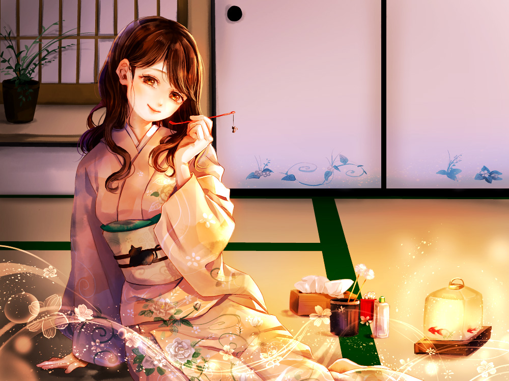 1girl artist_request bottle brown_eyes brown_hair door floral_print indoors japanese_clothes kimono lamp long_hair looking_at_viewer mimikaki official_art plant potted_plant sitting solo tatami tissue_box wide_sleeves