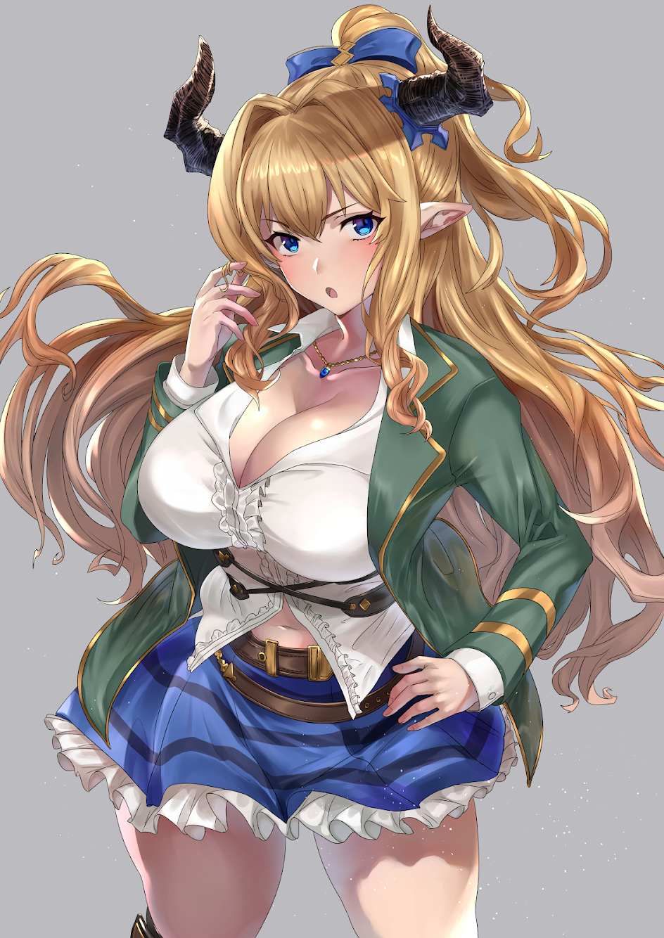 1girl bangs belt blonde_hair blue_eyes blue_ribbon blue_skirt blush breasts cleavage collarbone draph dress_shirt fujitsubo_(hujitubo0731) granblue_fantasy green_jacket hair_between_eyes hair_twirling highres horns jacket jewelry large_breasts long_hair long_sleeves looking_at_viewer navel necklace open_mouth pointy_ears ponytail rastina ribbon school_uniform shirt simple_background skirt solo very_long_hair