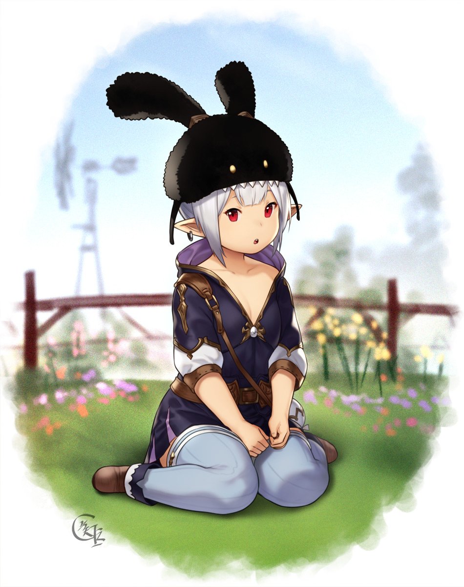 1girl bag belt blue_legwear blurry blurry_background collarbone commentary day earrings fence final_fantasy final_fantasy_xiv flat_chest hat hat_with_ears highres houtengeki jewelry lalafell looking_at_viewer open_mouth outdoors pointy_ears red_eyes short_hair shoulder_bag silver_hair sitting solo thigh-highs wariza