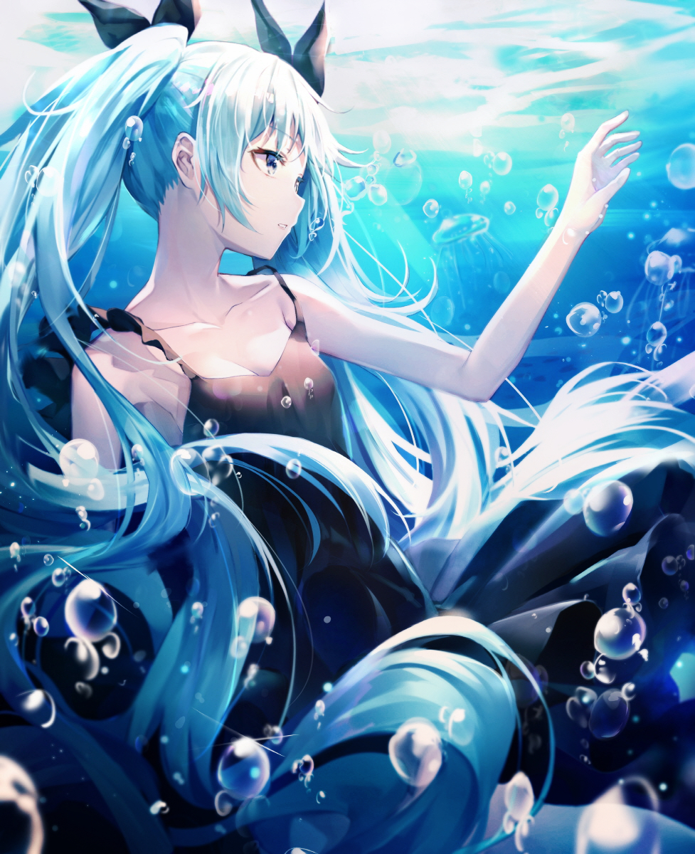 1girl air_bubble aqua_hair arm_up bangs bare_arms bare_shoulders black_dress black_ribbon blue_eyes breasts bubble camisole cleavage collarbone dress floating_hair freediving glint hair_ribbon hand_up hatsune_miku highres huwali_(dnwls3010) long_hair looking_afar looking_away ocean open_mouth parted_lips ribbon sidelocks sleeveless sleeveless_dress small_breasts solo sunlight twintails underwater very_long_hair vocaloid water