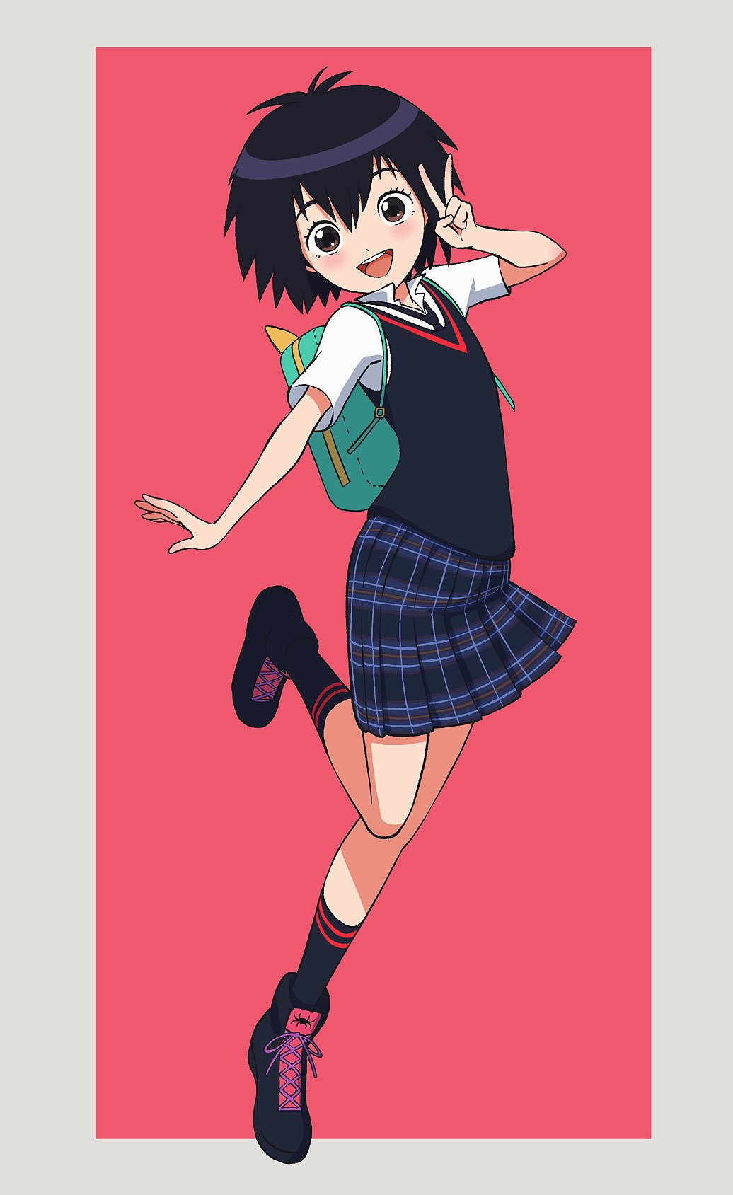 1girl artist_request backpack bag black_hair blush brown_eyes highres looking_at_viewer marvel necktie open_mouth peni_parker pleated_skirt school_uniform short_hair skirt smile solo spider-man:_into_the_spider-verse spider-man_(series) sweater sweater_vest