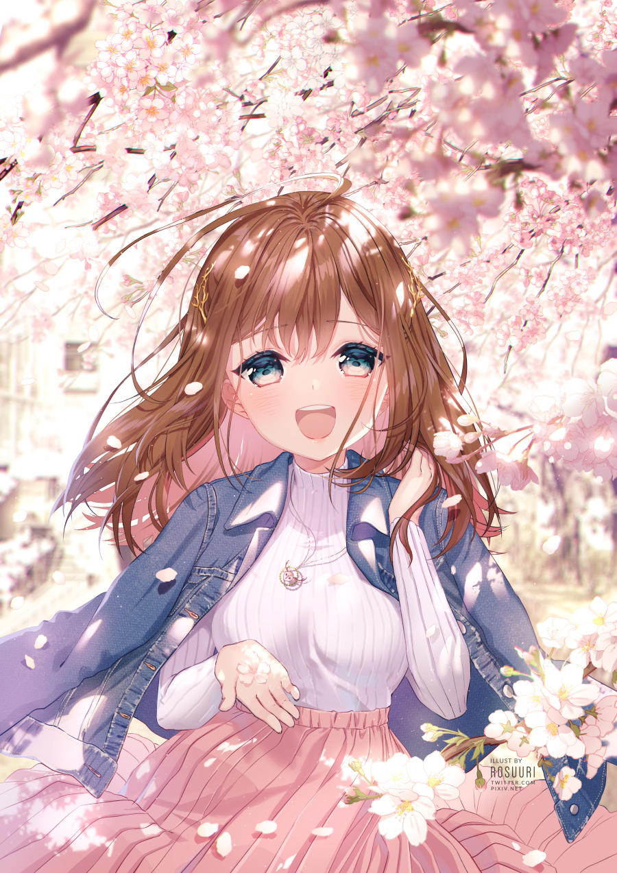 1girl :d artist_name bangs blue_eyes blurry blurry_background blurry_foreground blush breasts brown_hair cherry_blossoms commentary_request day depth_of_field eyebrows_visible_through_hair flower hair_between_eyes hair_ornament highres long_hair long_sleeves medium_breasts open_mouth original outdoors petals pink_skirt pleated_skirt ribbed_sweater rosuuri round_teeth skirt smile solo spring_(season) sweater teeth tree_branch upper_teeth watermark web_address white_flower white_sweater