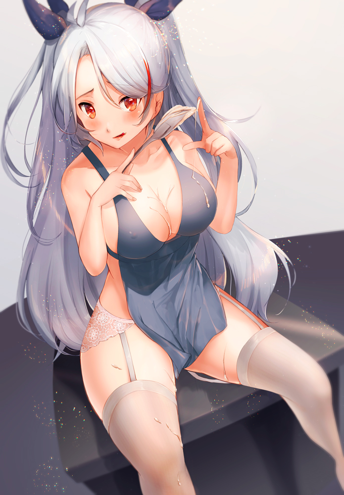 1girl antenna_hair apron azur_lane bangs bare_shoulders black_ribbon blue_apron blush breasts cleavage collarbone commentary_request erect_nipples eyebrows_visible_through_hair garter_belt hair_ribbon holding_spatula kelly_0w0 large_breasts lips long_hair multicolored_hair naked_apron prinz_eugen_(azur_lane) redhead ribbon sideboob silver_hair sitting solo sparkle spatula streaked_hair swept_bangs thigh-highs tongue tongue_out two_side_up very_long_hair white_legwear