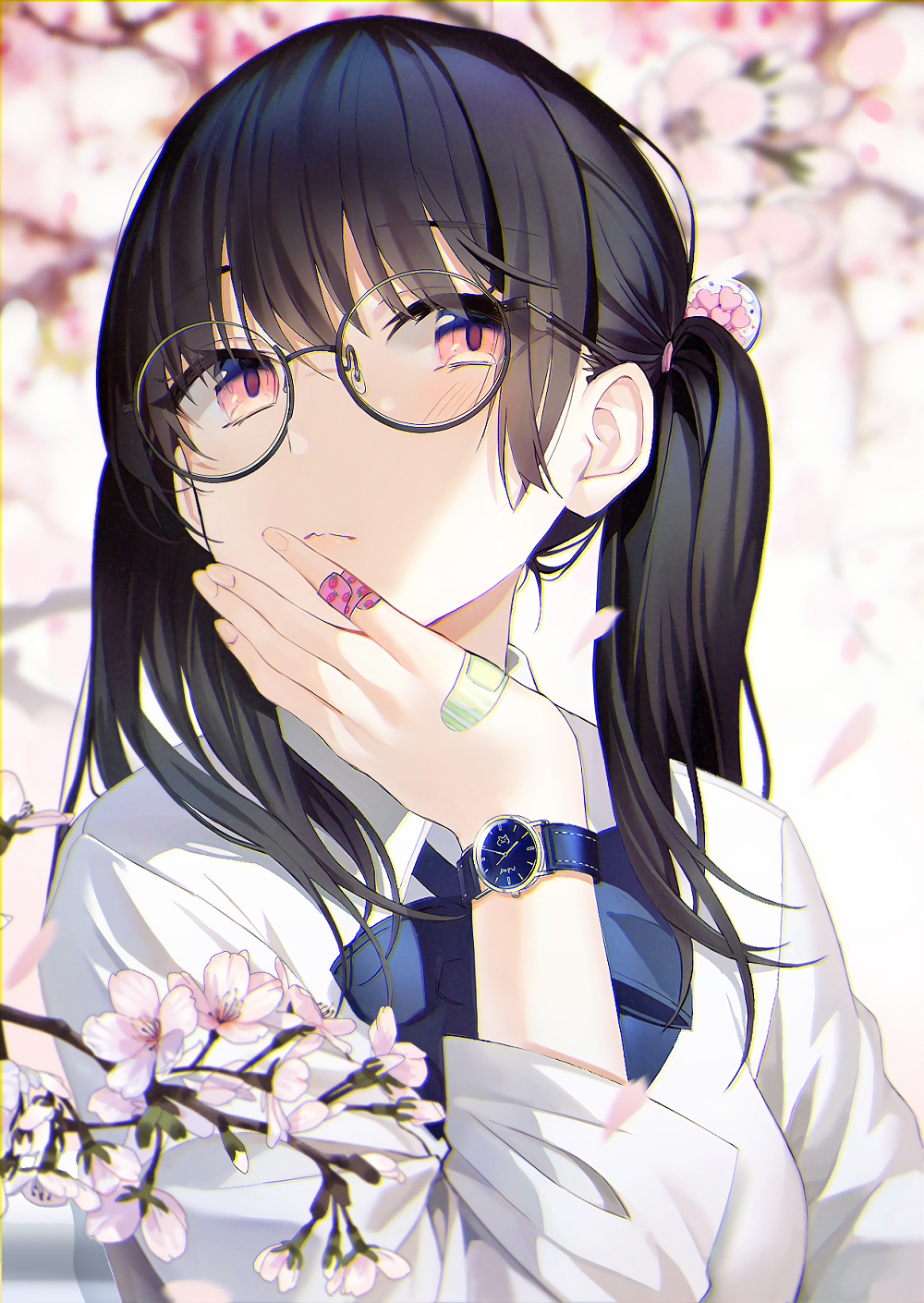 1girl bandaid bandaid_on_finger bandaid_on_hand bangs black-framed_eyewear black_hair blue_neckwear blurry blurry_background blush bow bowtie branch breasts brown_eyes cherry_blossoms closed_mouth collared_shirt commentary depth_of_field flower glasses hair_ornament hand_on_own_chin hand_up heart highres long_hair long_sleeves looking_at_viewer original popuru round_eyewear semi-rimless_eyewear shirt sidelocks solo symbol_commentary twintails upper_body watch watch white_flower white_shirt