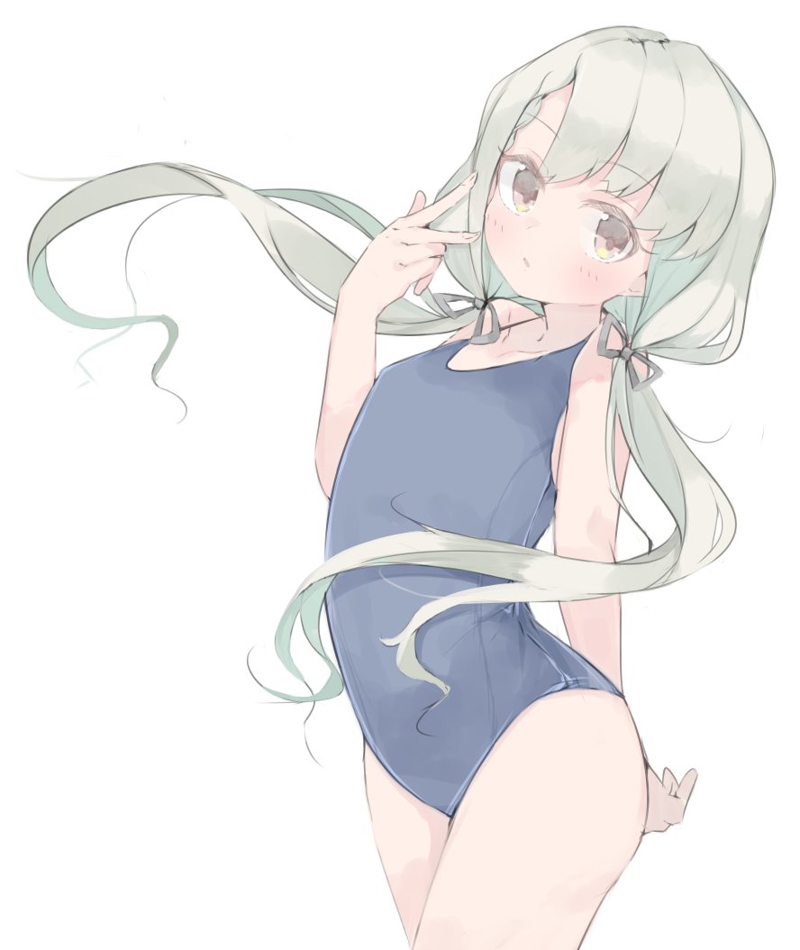 a_mineha arm_behind_back bangs black_ribbon blush braid brown_eyes collarbone commentary cowboy_shot grey_hair hair_ribbon hisakawa_nagi idolmaster idolmaster_cinderella_girls long_hair looking_at_viewer low_twintails parted_lips ribbon school_swimsuit standing swimsuit thighs twintails v