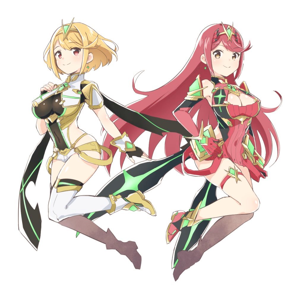 2girls alternate_color armor bangs blonde_hair breasts cleavage_cutout covered_navel earrings fingerless_gloves full_body gem gloves headpiece mythra_(xenoblade) pyra_(xenoblade) jewelry large_breasts looking_at_viewer madanai_(moyasitarou) multiple_girls nintendo red_eyes red_shorts redhead short_hair shorts shoulder_armor simple_background smile swept_bangs thigh_strap tiara xenoblade_(series) xenoblade_2 yellow_eyes