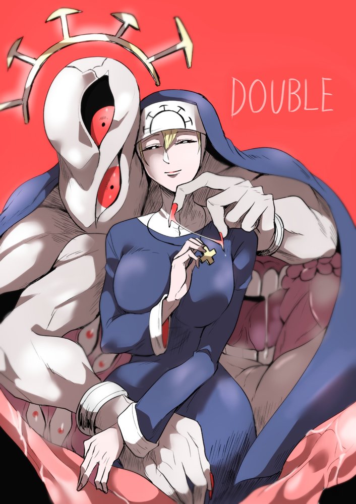 1girl blonde_hair breasts double_(skullgirls) habit monster nun parari_(parari000) red_eyes skullgirls tentacle