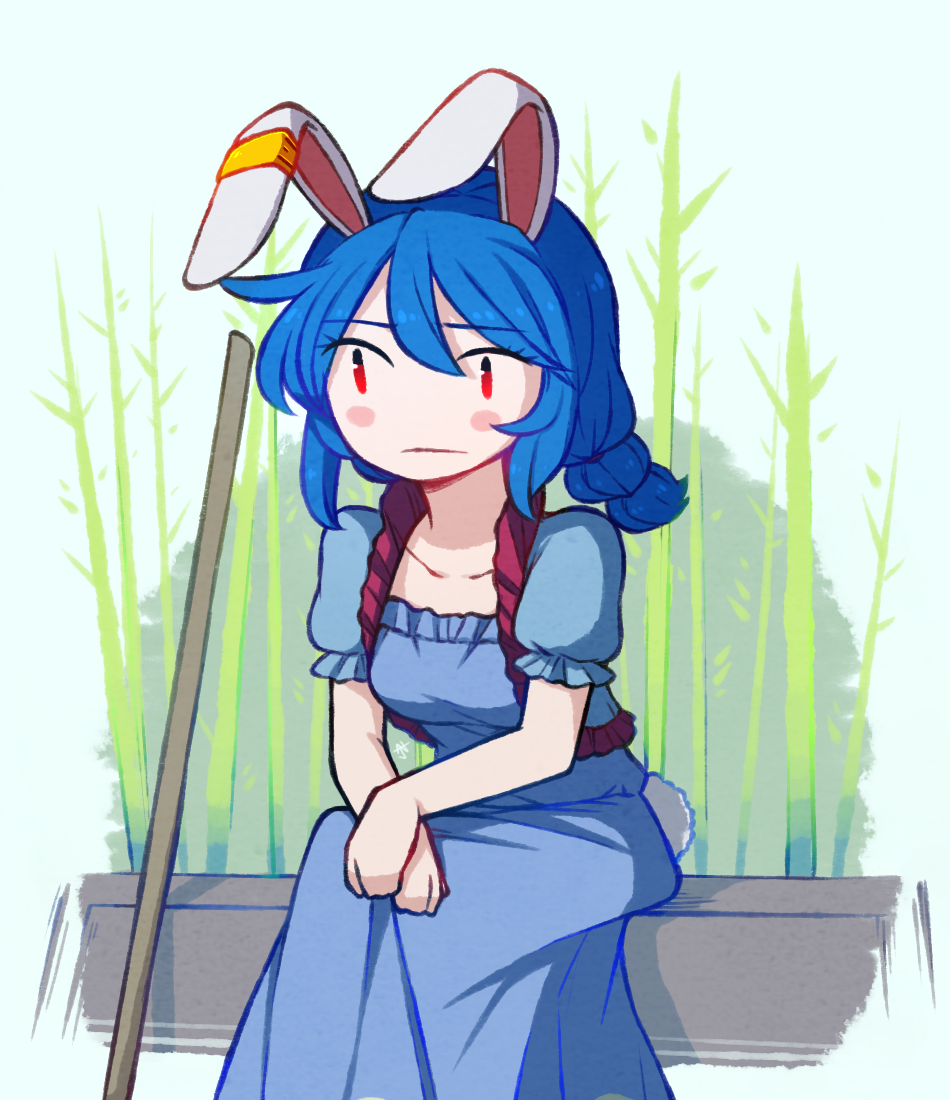 1girl :| animal_ears bamboo bangs blue_dress blue_hair blush bunny_tail closed_mouth collarbone commentary dress ear_clip english_commentary eyebrows_visible_through_hair hair_between_eyes long_hair looking_away puffy_short_sleeves puffy_sleeves rabbit_ears red_eyes seiran_(touhou) short_sleeves sitting solo speckticuls tail touhou