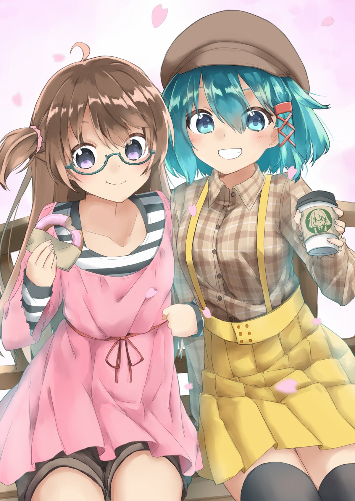 2girls :t ahoge amemiya_sekira bangs bench black_legwear blue_eyes blue_hair blush breasts brown_hair brown_headwear brown_shirt brown_shorts cabbie_hat closed_mouth coffee_mug collarbone collared_shirt commentary_request cup doughnut dress dress_shirt eating eyebrows_visible_through_hair fingernails food green-framed_eyewear grin hair_between_eyes hair_ornament hair_ribbon hair_scrunchie hat highres holding holding_cup holding_food long_hair long_sleeves mug multiple_girls on_bench original park_bench petals pink_dress pink_scrunchie plaid plaid_skirt pleated_skirt red_ribbon ribbon scrunchie sekira_ame semi-rimless_eyewear shirt short_shorts shorts sitting skirt sleeves_past_wrists small_breasts smile striped striped_shirt suspender_skirt suspenders thigh-highs two_side_up under-rim_eyewear very_long_hair violet_eyes wide_sleeves yellow_skirt