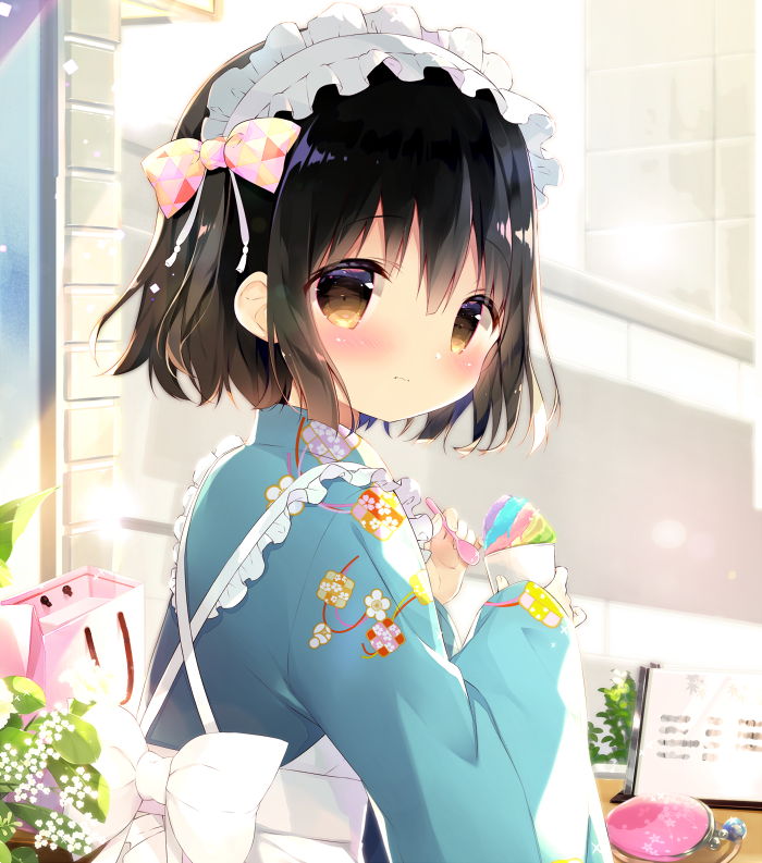1girl apron bag bangs black_hair blue_kimono blush bow brick_wall brown_hair closed_mouth coin_purse commentary_request eyebrows_visible_through_hair fingernails floral_print flower food frilled_hairband frills hair_between_eyes hairband holding holding_spoon ice_cream japanese_clothes kimono long_sleeves looking_at_viewer looking_back original paper_bag print_kimono shiratama_(shiratamaco) short_hair sleeves_past_wrists solo spoon upper_body wavy_mouth white_apron white_bow white_flower white_hairband wide_sleeves
