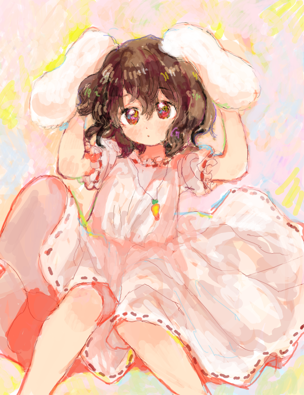 1girl animal_ears arms_up blush bunny_girl carrot_necklace colorful dot_nose drawr dress ears_down feet_out_of_frame frilled_dress frilled_shirt_collar frilled_sleeves frills gnsi hair_between_eyes inaba_tewi long_dress looking_at_viewer parted_lips rabbit_ears ribbon-trimmed_dress ribbon-trimmed_sleeves ribbon_trim short_sleeves solo touching_ears touhou wavy_hair