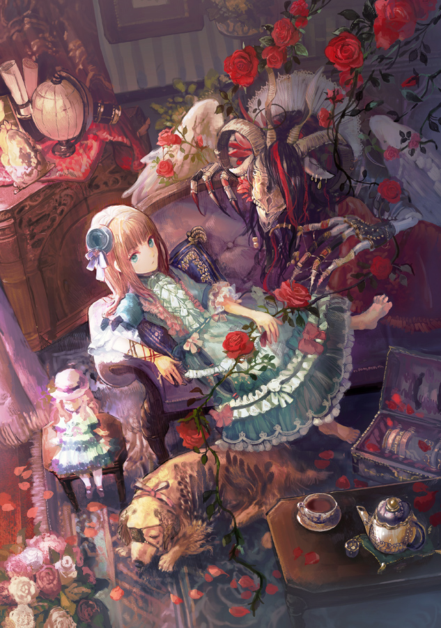 1girl bangs barefoot blindfold blonde_hair blue_dress blue_eyes blunt_bangs carpet center_frills chibi_(shimon) couch cup cupboard cushion dog doll drawer dress eyepatch feathered_wings flower frilled_dress frilled_sleeves frills globe goat_horns gothic_lolita hair_flower hair_ornament hairband indoors lolita_fashion long_hair looking_at_viewer monster original petals picture_frame reclining ribbon-trimmed_clothes ribbon_trim rose scroll short_sleeves sidelocks sitting table teacup teapot treasure_chest vase very_long_hair wide_sleeves wings