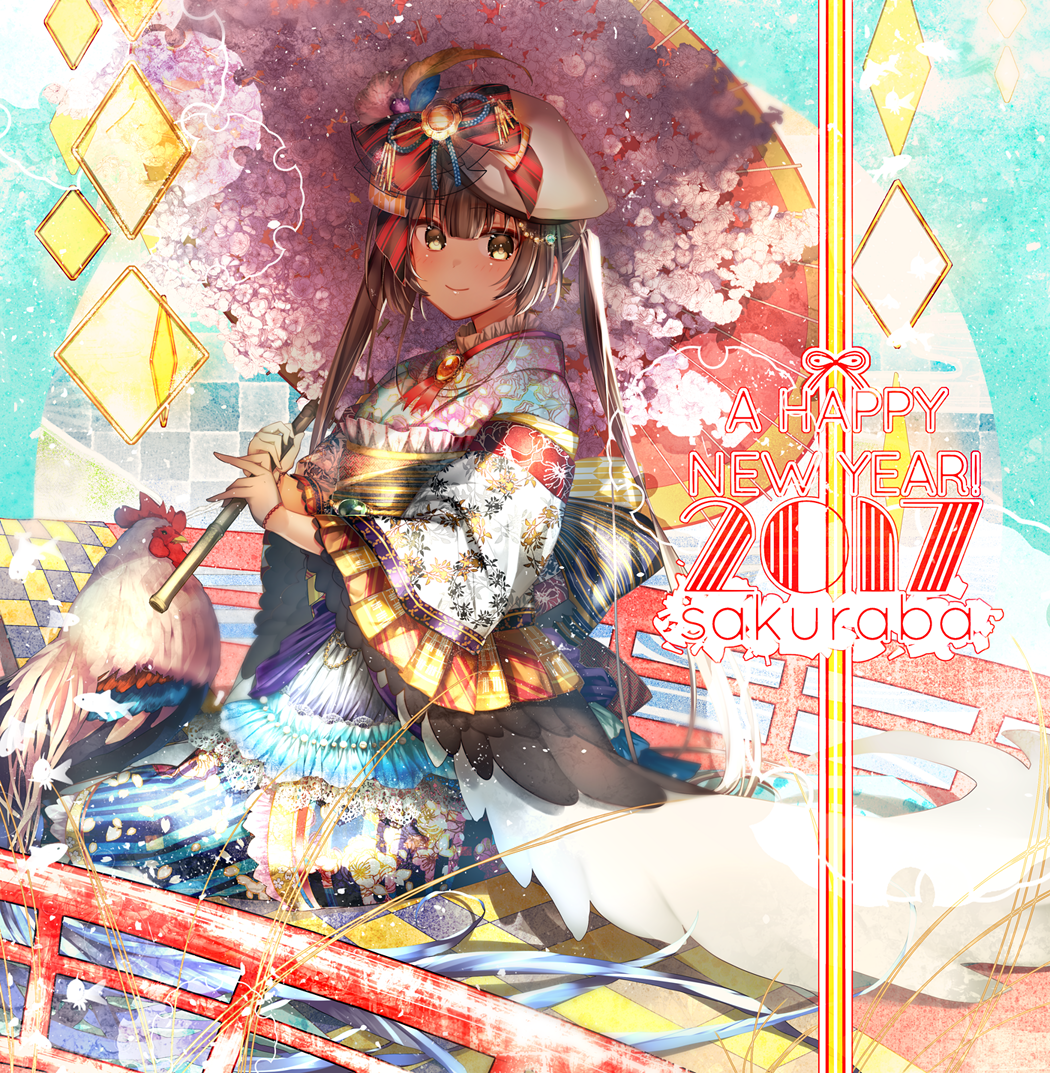 1girl 2017 artist_name beret bird bow brooch brown_eyes brown_hair cherry_blossoms chicken chinese_zodiac english_text flower frills gloves happy_new_year hat hat_bow hat_feather holding holding_umbrella itofuya japanese_clothes jewelry kimono kimono_skirt lolita_fashion long_hair long_sleeves looking_at_viewer nengajou new_year obi oriental_umbrella original petals rooster sash sitting smile solo twintails umbrella very_long_hair wa_lolita white_gloves wide_sleeves year_of_the_rooster