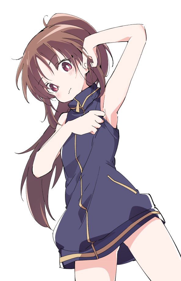 1girl :3 armpits black_jacket brown_hair cowboy_shot ixy jacket long_hair looking_at_viewer naked_track_jacket ponytail red_eyes saki saki_achiga-hen simple_background sleeveless_track_jacket solo takakamo_shizuno track_jacket white_background