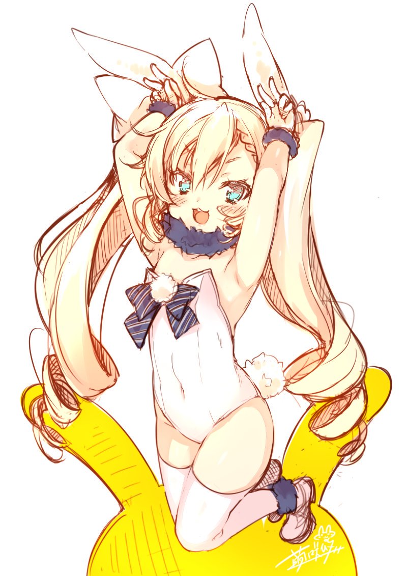1girl :3 animal_ears armpits arms_up bare_shoulders blonde_hair blue_eyes bow bunny_girl bunny_pose bunny_tail bunnysuit covered_navel curly_hair full_body hair_bow leotard long_hair mayuzaki_yuu open_mouth original rabbit_ears ribbon shoes smile solo strapless strapless_leotard tail thigh-highs twintails white_footwear white_legwear white_leotard