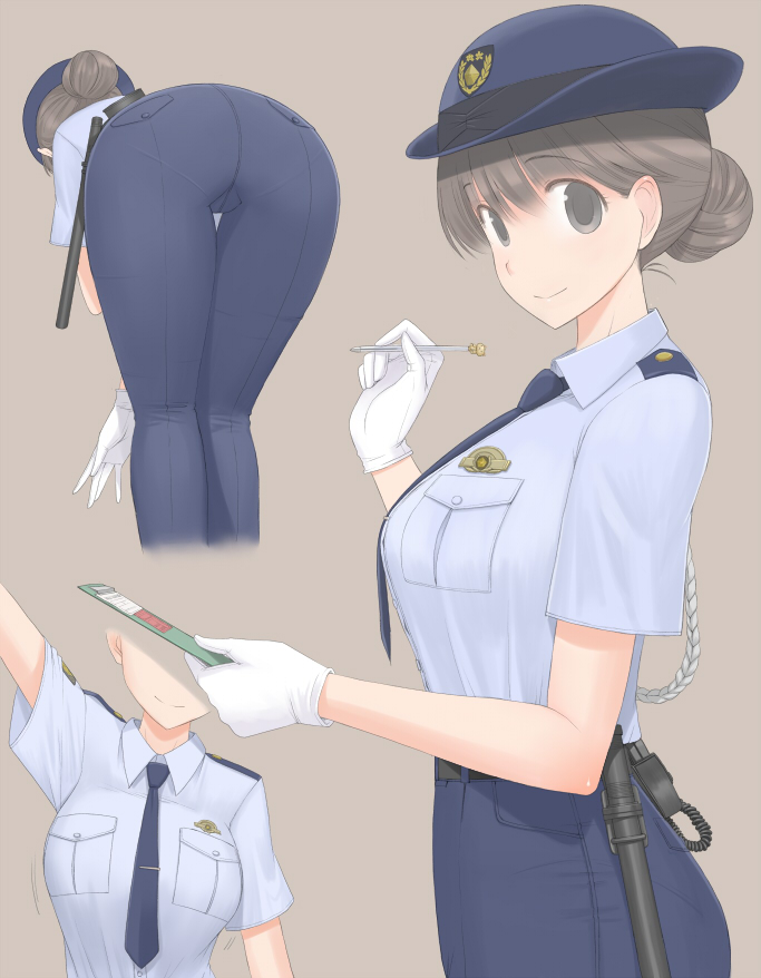 1girl ass bent_over breasts brown_hair clipboard gloves hair_bun hat holding large_breasts looking_at_viewer necktie original pantylines pen police police_hat police_uniform policewoman simple_background taito0630 truncheon uniform white_gloves