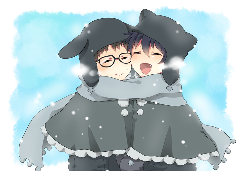 2boys ao_no_exorcist black_hair brothers brown_hair child coat glasses male_focus mole mole_under_eye multiple_boys okumura_rin okumura_yukio siblings snow twins winter_clothes winter_coat zastuon0