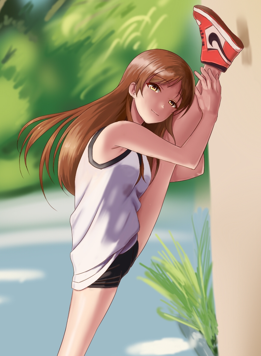 1girl black_shorts blurry blurry_background brown_eyes brown_hair gym_uniform idolmaster idolmaster_cinderella_girls long_hair looking_at_viewer nitta_minami red_footwear shiny shiny_hair shirt shoes short_shorts shorts sleeveless sleeveless_shirt smile sneakers solo standing standing_on_one_leg stretch taka_(takahirokun) very_long_hair white_shirt