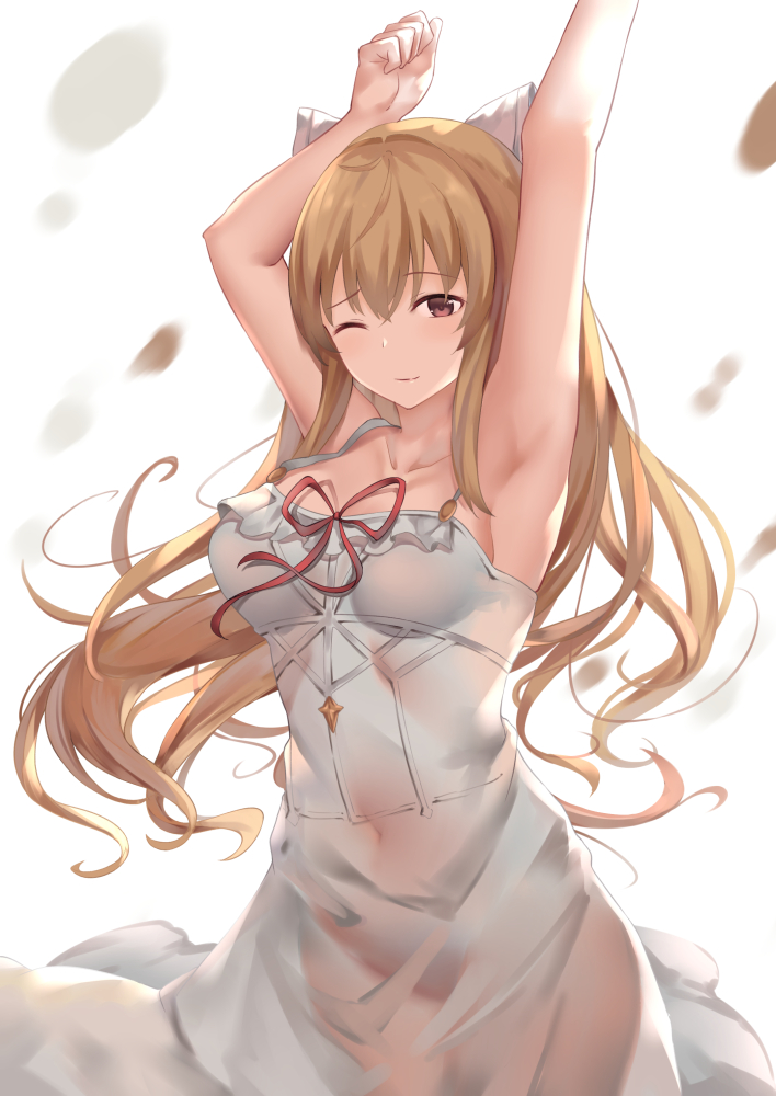 1girl armpits arms_up backlighting bangs bare_arms bare_shoulders bow breasts brown_eyes brown_hair cleavage collarbone commentary_request covered_navel cowboy_shot dress granblue_fantasy groin hair_bow large_breasts long_hair looking_at_viewer one_eye_closed red_ribbon ribbon see-through smile solo spaghetti_strap standing stretch suzuame_yatsumi vira_lilie white_background white_bow white_dress