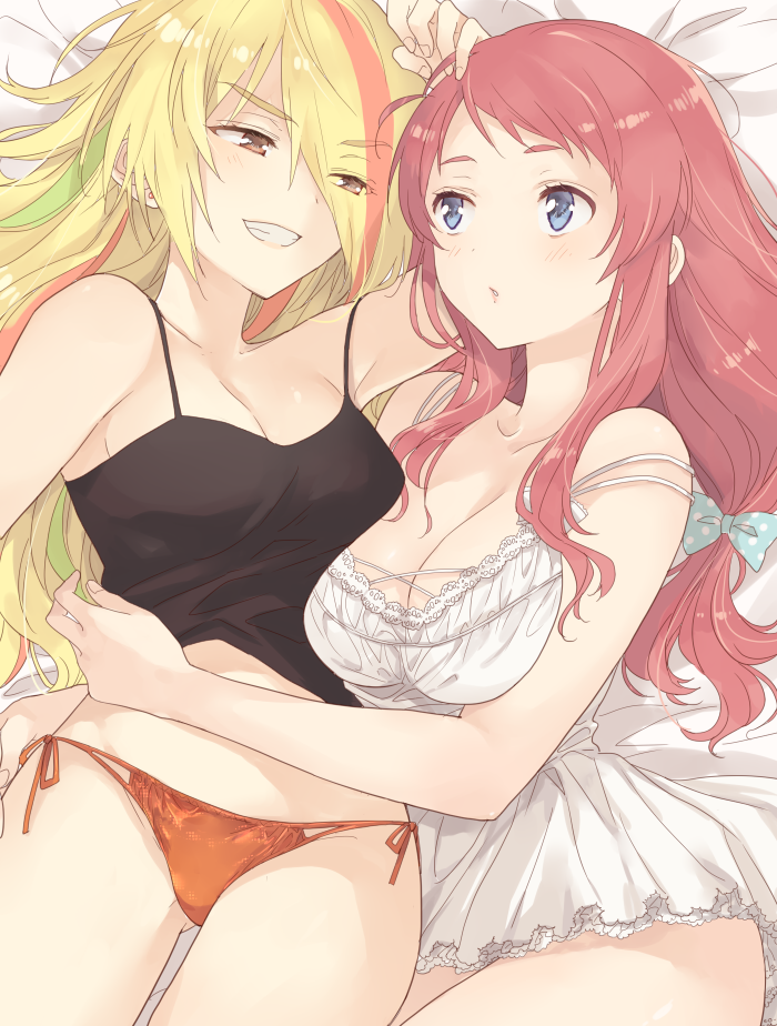 2girls :d arm_up azuki_(aduki) bare_arms bare_shoulders bed_sheet blonde_hair blue_eyes blush breasts character_request cleavage collarbone cowboy_shot dress earrings eyes_visible_through_hair from_above gluteal_fold green_hair grin hair_over_one_eye hug jewelry large_breasts lying medium_breasts multicolored_hair multiple_girls on_back on_side open_mouth orange_hair orange_panties orange_ribbon panties parted_lips pink_eyes redhead ribbon side-tie_panties sleeveless sleeveless_dress smile strap_slip streaked_hair stud_earrings tank_top teeth underwear v-shaped_eyebrows white_dress yuri zombie_land_saga