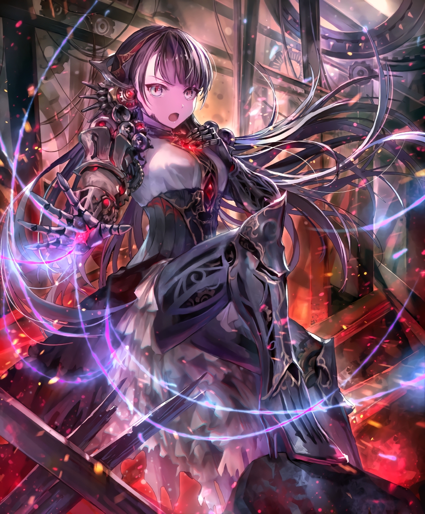1girl android artist_request black_hair cygames dress embers frilled_dress frills gears gem grey_eyes hand_on_own_chest high_heels long_hair looking_at_viewer mono_garnet_rebel multicolored multicolored_eyes official_art open_mouth red_eyes robot_joints ruins shadowverse sitting slit_pupils solo