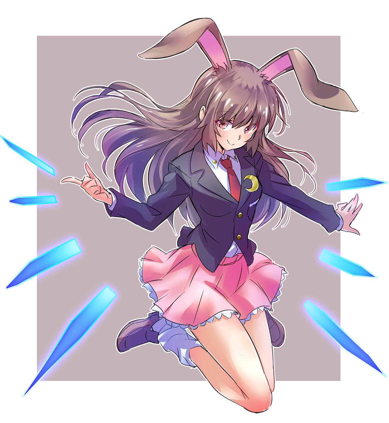 1girl animal_ears brown_eyes brown_hair bunny_girl cosplay highres iesupa jumping long_hair mary_janes necktie pink_skirt rabbit_ears red_neckwear reisen_udongein_inaba reisen_udongein_inaba_(cosplay) rwby shoes skirt solo suit_jacket tail touhou velvet_scarlatina