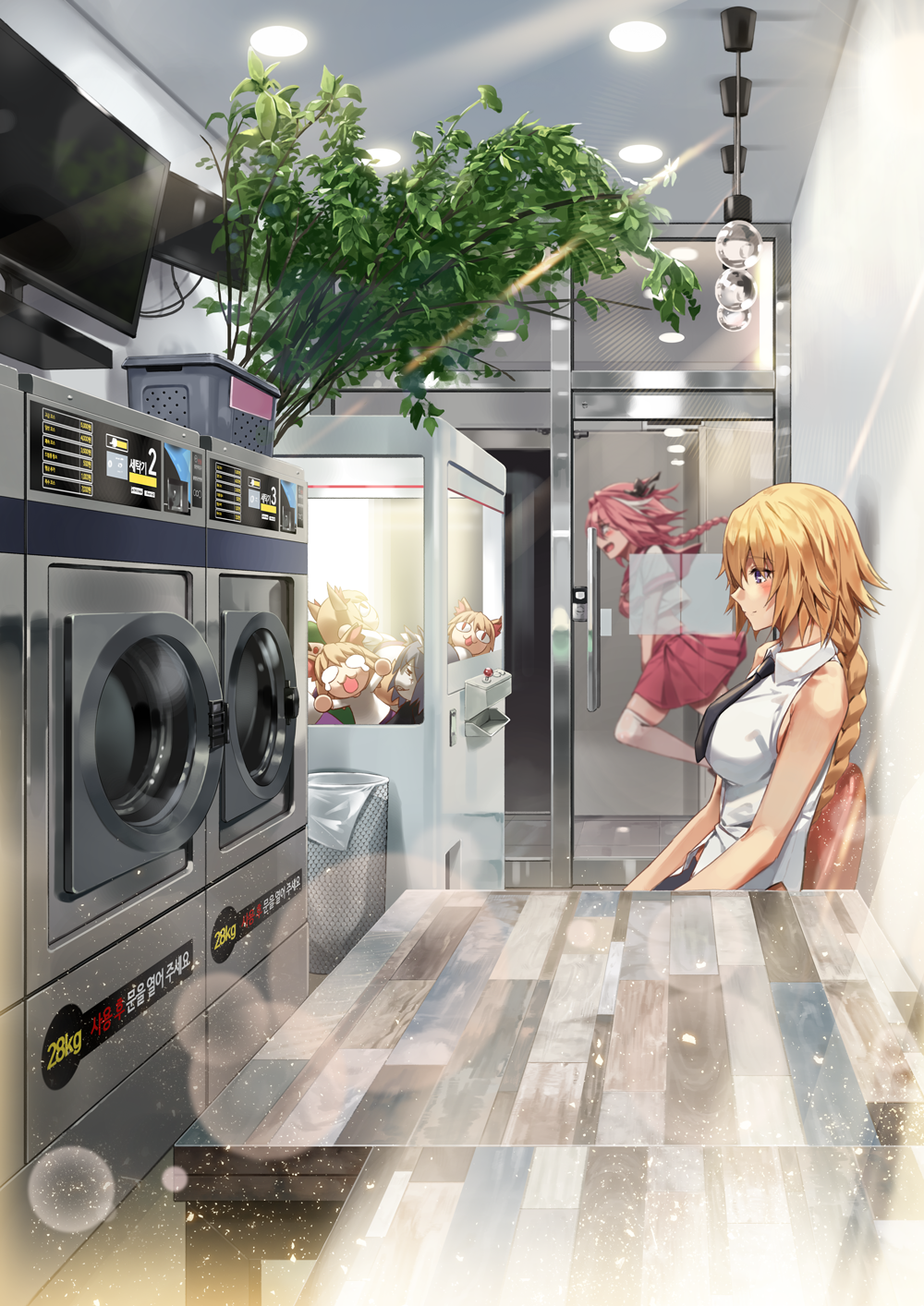 1boy 1girl bare_arms bare_shoulders basket black_neckwear blonde_hair blush braid breasts ceiling_light collared_shirt commentary_request crane_game crop_top crop_top_overhang fate/grand_order fate_(series) from_side highres indoors jeanne_d'arc_(fate) jeanne_d'arc_(fate)_(all) korean_text large_breasts laundry light_bulb long_hair looking_away midriff miniskirt multicolored_hair necktie pink_hair pink_neckwear pink_skirt plant pleated_skirt profile rainmaker school_uniform serafuku shirt single_braid skirt sleeveless sleeveless_shirt smile streaked_hair stuffed_toy table television thigh-highs trap violet_eyes washing_machine white_hair white_legwear white_shirt zettai_ryouiki