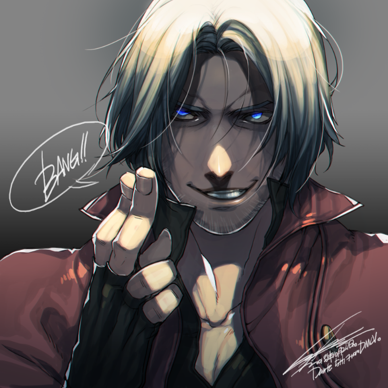 1boy beard blue_eyes dante_(devil_may_cry) devil_may_cry devil_may_cry_5 facial_hair fingerless_gloves gloves glowing glowing_eyes grey_hair grin hiryuu_(kugelcruor) looking_at_viewer male_focus pointing signature smile solo